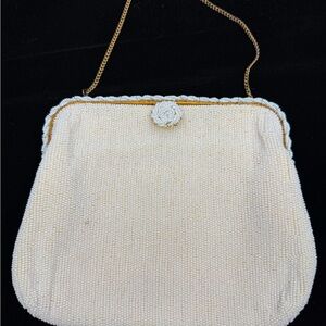 Vintage Beaded Cream Evening Bag with Gold Chain Belguim